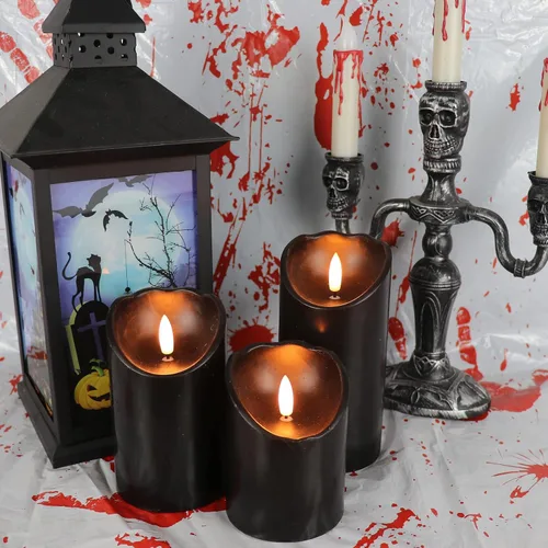 Miniatura 4 de Velas de pilar sin llama negras con temporizador de 6H, alimentadas por batería AAA, mecha y cera reales, velas LED parpadeantes con tema