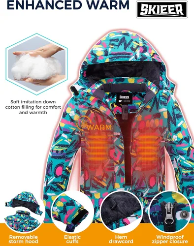 Miniatura 5 de Skieer Chaqueta de esquí para mujer, impermeable, resistente al viento, chaqueta de snowboard cálida con capucha para invierno