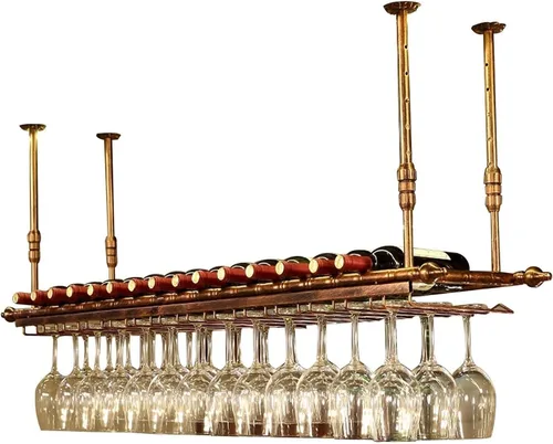 Industrial Vintage Hanging Wine Rack with Adjustable Metal Ceiling Mount, 2-Tier Bar Shelf, 60–120cm, Black(Type A,60 * 30cm)