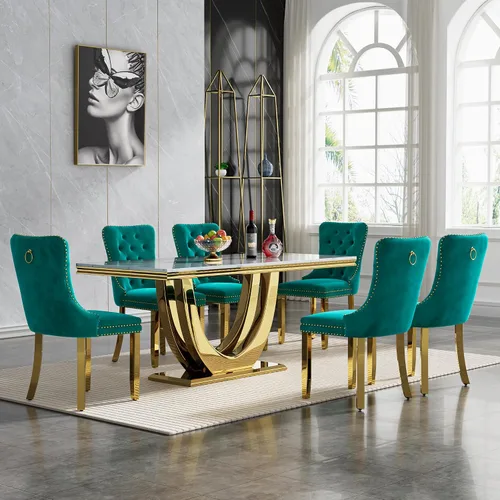 Miniatura 48 de Juego de mesa de comedor de 7 piezas con sillas, mesa de comedor de mármol sintético y sillas beige para 6, juego de mesa de comedor de oro blanco