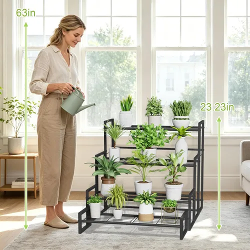 Miniatura 7 de VyGrow Soporte para plantas, soporte apilable para plantas de 4 niveles, estante escalable resistente para plantas altas para interiores y negro