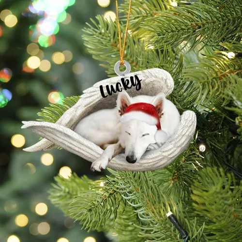 Adorno acrílico plano de perro de Navidad de pastor alemán blanco, ángel dormido, regalo conmemorativo para perro, adorno personalizado con nombre