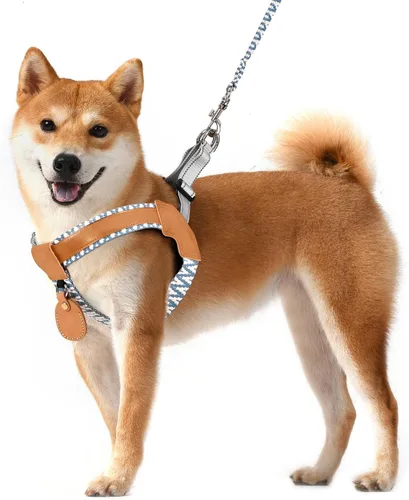 Arnés de poliéster y cuero genuino para perro sin tirones con tiras reflectantes, chaleco ligero con soporte AirTag para perros de tamaño mediano,