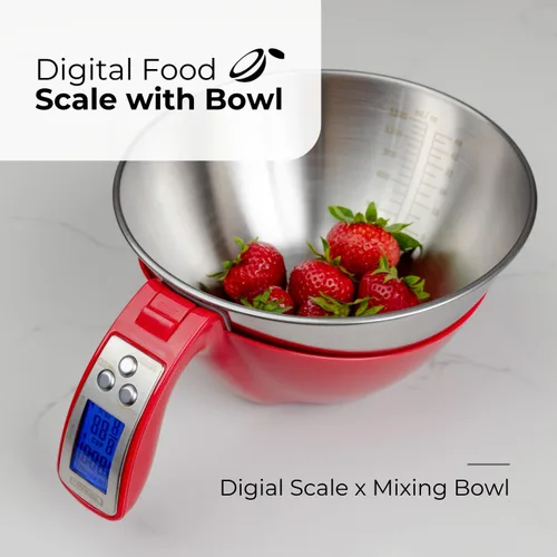 Miniatura 2 de Fradel Báscula digital de cocina con cuenco (extraíble) y taza medidora, acero inoxidable, luz de fondo, capacidad de 11 libras, para cocinar, Rojo