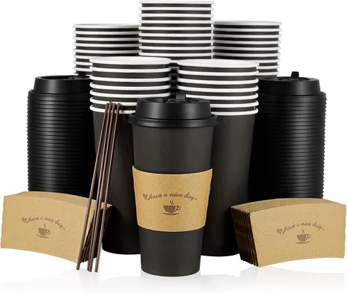 LITOPAK Paquete de 50 tazas de café de papel de 20 onzas para bebidas de chocolate caliente, tazas de café desechables negras con tapas, fundas y 20