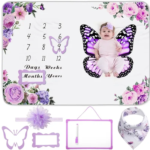 Miniatura 9 de Chumia 6 Piezas Manta de Hitos Mensuales para Bebé Niña 60" x 40" Manta de Hitos de Mariposa Edad Foto Fondo de Fotografía con Calendario para Rosa