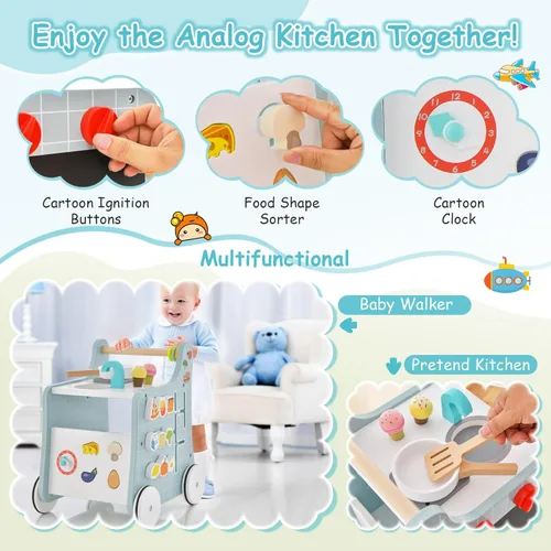 Miniatura 3 de HONEY JOY Andador de empuje para bebés, centro de actividades de madera 6 en 1 con clasificador de formas y pizarra, desarrolla habilidades motoras