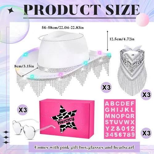 Miniatura 2 de Sombrero de vaquera con diamantes de imitación, sombrero de vaquero con flecos, sombrero occidental con purpurina para hombres y mujeres, disfraz
