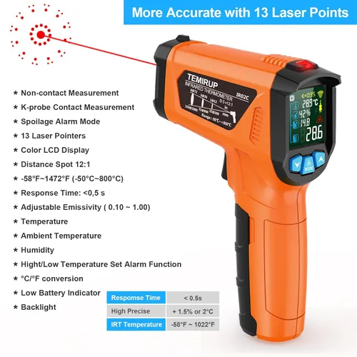 Miniatura 2 de Pistola Termómetro Infrarrojo MESTEK, Termómetro Láser Digital sin Contacto con LCD a Color para Cocina, Reparaciones Domésticas, Medición