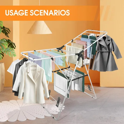 Miniatura 7 de Tendedero plegable de metal, con alas ajustables en altura, ahorro de espacio, uso en interiores y exteriores, color blanco