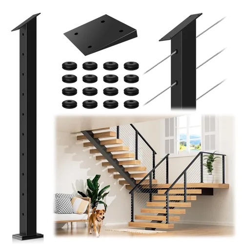 Poste de escalera con barandilla de cable negro de 36 pulgadas con parte superior fija inclinada, poste de riel de alambre de acero inoxidable T304,