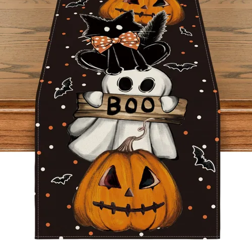 Artoid Mode Camino de mesa de Halloween, diseño de murciélagos, fantasma, calabaza, gato, murciélago, decoración de mesa de comedor para decoración