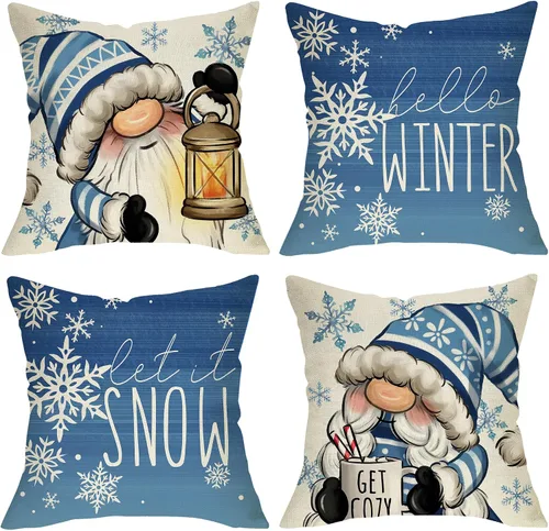 Miniatura 8 de Juego de 4 fundas de almohada decorativas de árbol de pino de Navidad de 18 x 18 pulgadas, bolas de alegría de Navidad, copos de nieve dorados