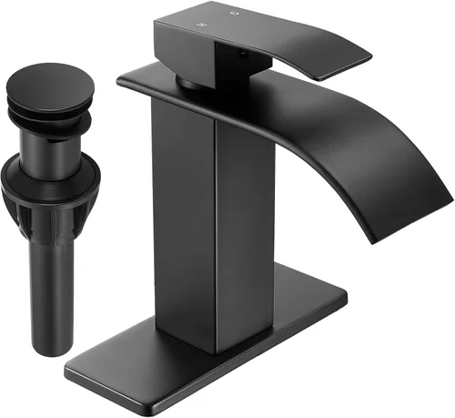 Miniatura 14 de Fransiton Grifo de baño de cascada de níquel cepillado, grifo de lavabo de una sola manija de 1 o 3 agujeros, grifo de lavabo con cubierta y drenaje
