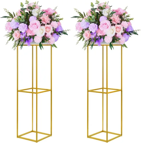 Miniatura 12 de YALLOVE Paquete de 2 soportes dorados de 15.75 pulgadas para flores de boda, soporte de columna de metal para centro de mesa geométrico