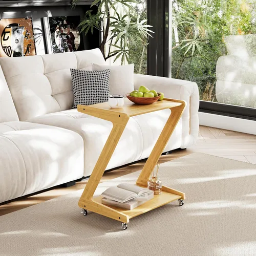 Miniatura 14 de ZIYOO Mesa auxiliar móvil de madera maciza de 3 niveles con ruedas, mesita de noche de madera, organizador de almacenamiento de diseño flotante