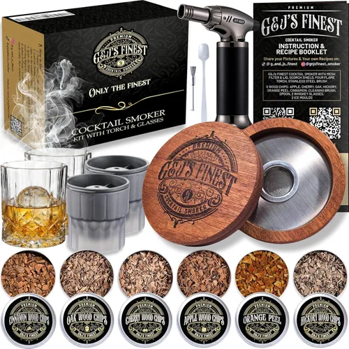 Kit ahumador para whisky | Kit ahumador para cócteles | Kit ahumador para bourbon | Kit ahumador estilo antiguo con antorcha y vasos, 6 astillas de