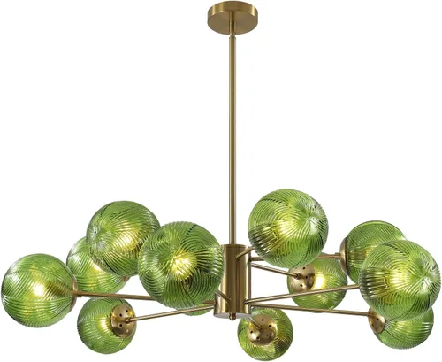 Miniatura 8 de KCO Lámpara colgante de techo de cristal verde de 6 luces con forma de globo moderno semiempotrado, lámpara de techo vintage de latón dorado Sputnik