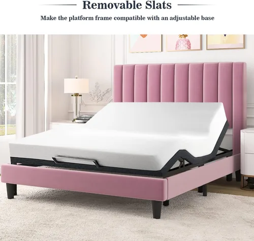 Miniatura 8 de Allewie - Base de cama tamaño Full con cabecera acolchada tapizada en terciopelo y diseño acanalado vertical; plataforma de cama con resistentes Rosa
