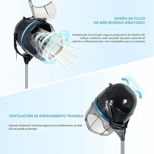 Miniatura 6 de Secador de pelo profesional de 1300W ajustable con capucha, de pie, base giratoria, con ruedas, para salón. Negro