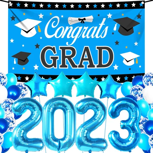 KatchOn, Decoraciones de graduación azul para la clase de 2023, paquete de 43, decoración de globos azules 2023, pancarta de graduación de