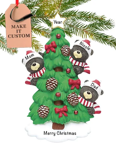 Adorno personalizado de familia de 3 2025 | Personalización gratuita las 24 horas | Adornos de Navidad de oso negro para árbol | Recuerdo de