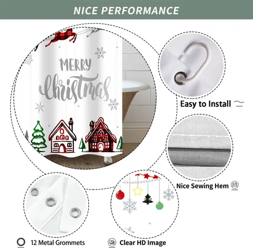 Miniatura 6 de Cortina de ducha de Feliz Navidad, trineo de Papá Noel, reno, copo de nieve, vacaciones, cuadros rojos y verdes, juego de cortinas de ducha