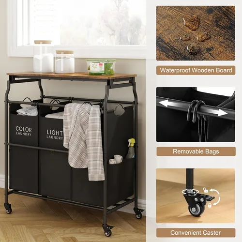 Miniatura 2 de Hoctieon Carrito clasificador de ropa de 3 secciones con tabla de planchar, cesta de lavandería con estante y ruedas rodantes, organizador de cesta
