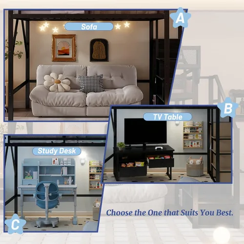 Miniatura 6 de Base de cama Queen Loft con escaleras y almacenamiento, marco de cama de metal resistente, capacidad de 800 libras, para adultos y adolescentes