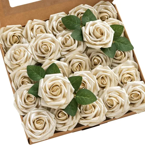 Miniatura 30 de Ling’s Moment - Flores Artificiales, 50 piezas, Rosas Verde Pavo Real con Tallos, 3" de Tacto Real, Espuma DIY para Ramilletes de Boda/Centros