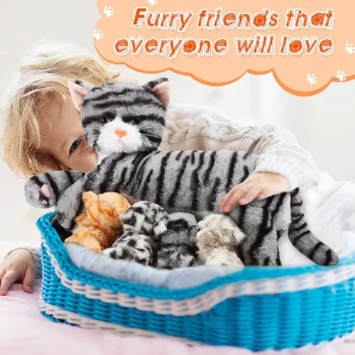 Miniatura 6 de Skylety Animal de peluche Nurturing con 4 gatitos de peluche, gatos de peluche para niñas y niños, mamá gatita de peluche con gatitos para regalos