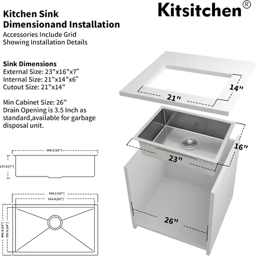 Miniatura 2 de Kitsitchen Fregadero de cocina para autocaravana, calibre 16, T304S, fregaderos de cocina de acero inoxidable para montaje inferior, fregadero
