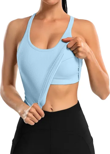 Miniatura 163 de ATTRACO Camiseta corta acanalada de entrenamiento para mujer con brasier integrado para yoga, espalda cruzada, ajuste ajustado