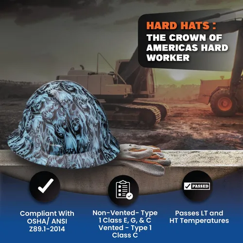 Miniatura 5 de Casco de construcción OSHA de ala completa con diseño de tatuaje/calavera, acabado mate, con suspensión de 6 puntos Dinero y Mieles