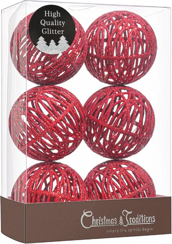 Miniatura 2 de Christmas Traditions Adornos de bola de Navidad de ratán rojo con purpurina de 4 pulgadas, decoración de árbol (juego de 6) (rojo navideño)