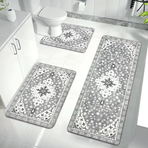 Miniatura 8 de Uphome Juego de 2 tapetes de baño bohemios vintage, antideslizantes, suaves, lavables a máquina, oriental estético, tapete de baño tradicional