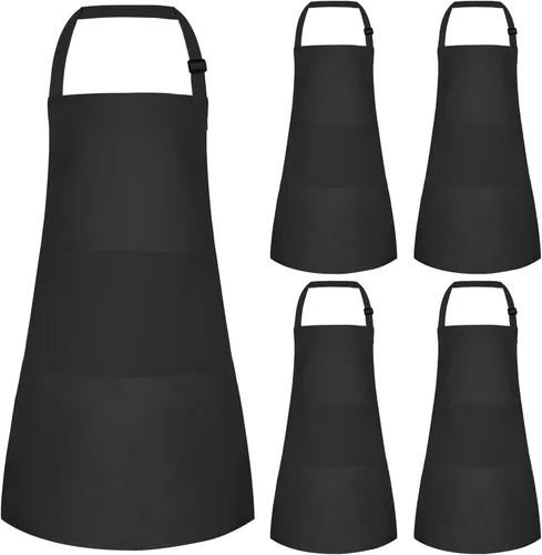 Juego de 5 delantales para niños, delantal ajustable para niños con 2 bolsillos, delantal de chef para niños para pintar, cocinar, hornear, Negro