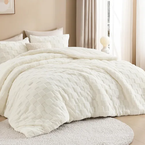 Miniatura 12 de Litanika - Juego de edredón esponjoso tamaño individual color beige, 3 piezas, ropa de cama de sherpa de felpa cálida para invierno, juego de cama