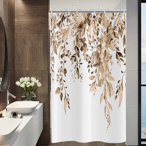 Miniatura 22 de Cortina de ducha de hoja de eucalipto, hojas verde salvia y doradas, plantas de acuarela en la parte superior, cortina de baño de tela con fondo