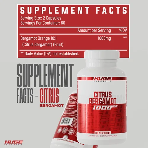 Miniatura 4 de Huge Supplements 100% puro extracto de bergamota cítrica 10:1 cápsulas – 1000 mg por porción – Apoya la digestión, el manejo del estrés y la salud