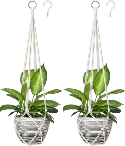 Miniatura 7 de Dahey Colgador de macramé para plantas, cesta colgante de interior hecha a mano, cuerda de algodón tejida a mano, soporte decorativo de ganchillo