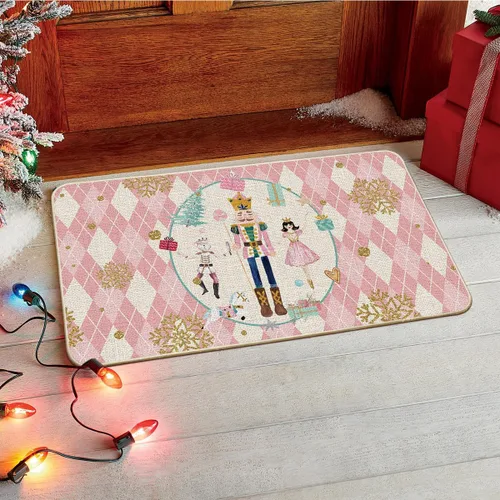 Miniatura 2 de Artoid Mode Felpudo Navideño de Cuadros Diamante Rosa Cascanueces, Decoración del Hogar de Invierno, Alfombrilla de Puerta de Bajo Perfil 17x29