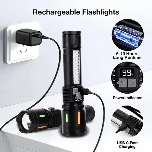 Miniatura 3 de Linternas recargables de alto lúmenes, paquete de 2 unidades, Peascat 900,000L LED luz táctica, carga rápida USB C, 5 modos, IPX6 impermeable
