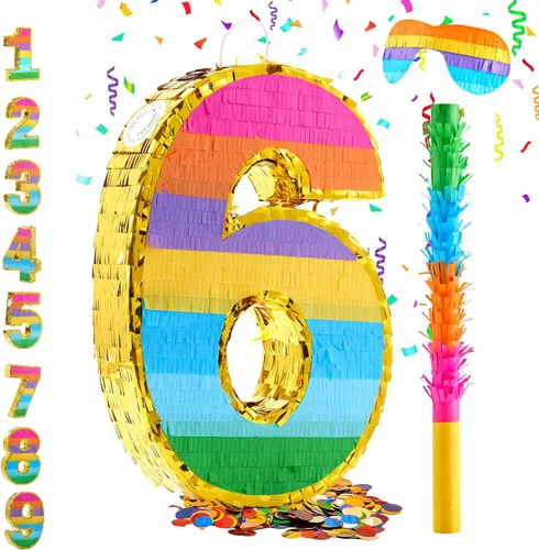 Piñata arcoíris número 6 para decoraciones de fiesta de 6º cumpleaños, fiesta, celebración de niños, piñata de cumpleaños con palo, venda y confeti