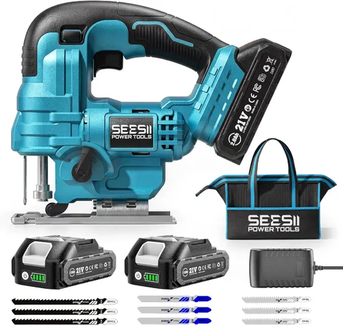 SEESII Sierra de calar inalámbrica de 21 V, herramienta de sierra eléctrica con 2 baterías de 2.0 Ah, velocidad variable de 2800 RPM para corte de