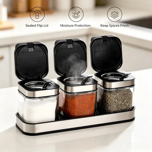 Miniatura 5 de DEAYOU Paquete de 3 cajas de condimentos de vidrio con bandeja, recipiente transparente para condimentos con tapa de acero inoxidable 18/10