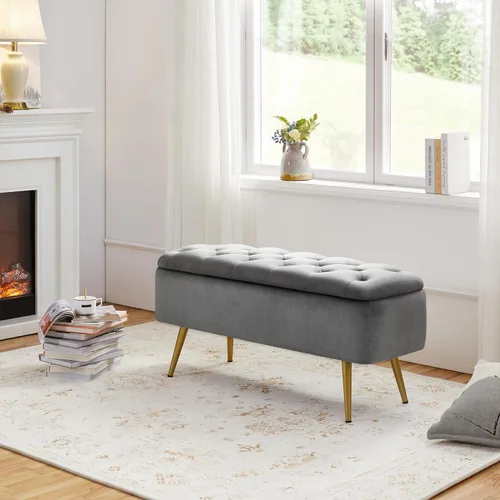 Miniatura 7 de Topeakmart Moderno reposapiés otomano con banco de almacenamiento, bancos tapizados para dormitorio, reposapiés, banco de mesa con botones para sala