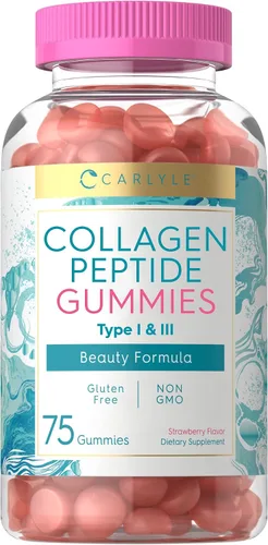 Carlyle Gomitas de colágeno | Suplemento de belleza con sabor a fresa | Péptidos de colágeno para mujeres y hombres | Tipo 1 y 3 | Sin OMG, sin