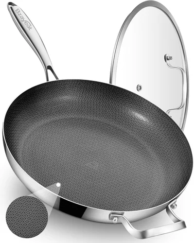 Sartén híbrida antiadherente de 13 pulgadas con tapa, sartén de chef de inducción de acero inoxidable de tres capas con revestimiento de cerámica,