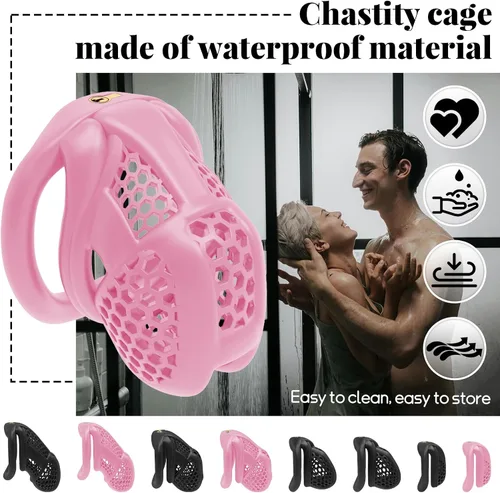 Miniatura 5 de Jaula para el pene impresa en 3D con 4 anillos curvos a presión, pequeños dispositivos de castidad de panal para hombres, SM Fetiche Extreme